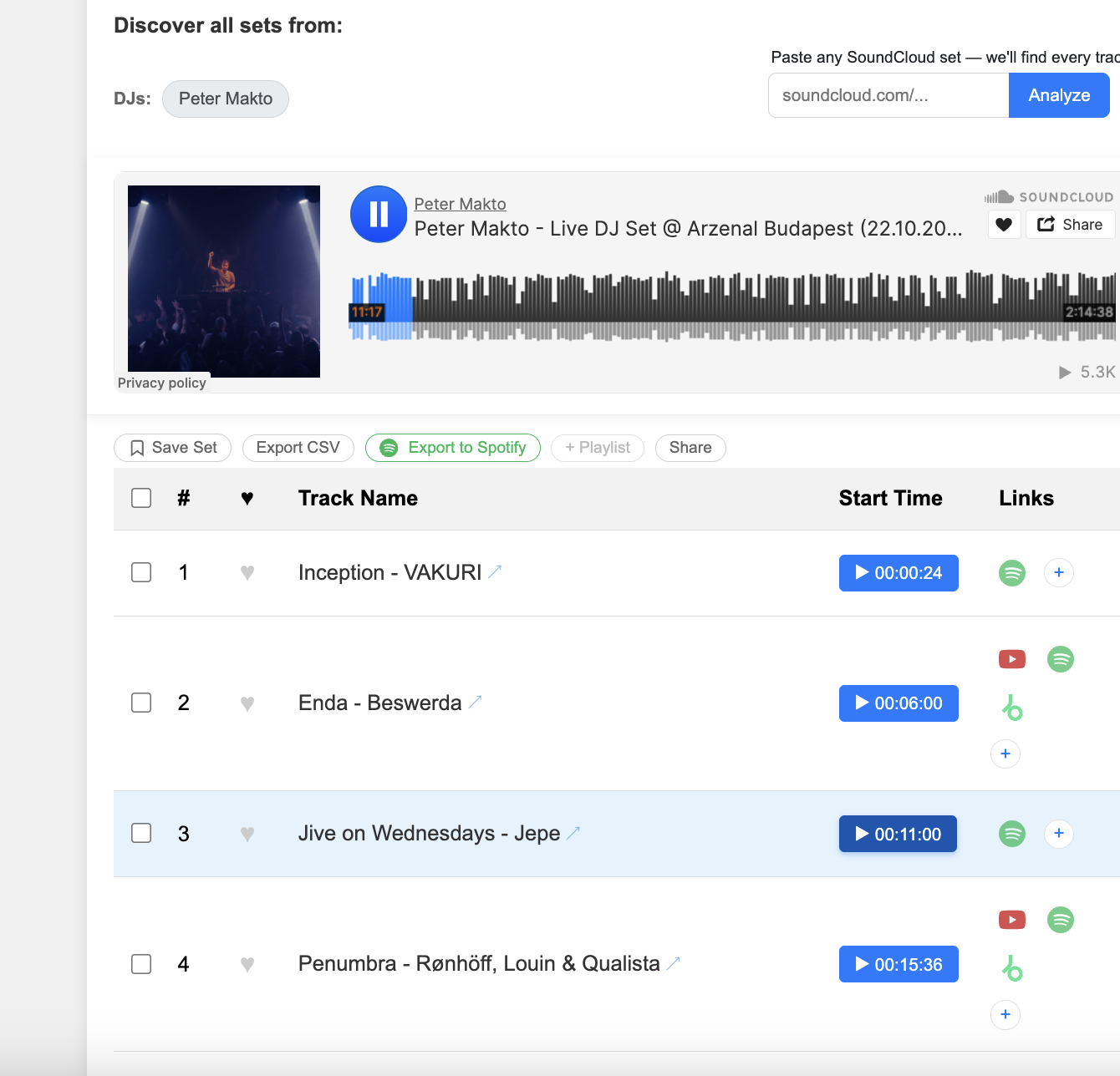 set79 tracklist results showing timestamped tracks with Spotify and YouTube links from a live DJ mix